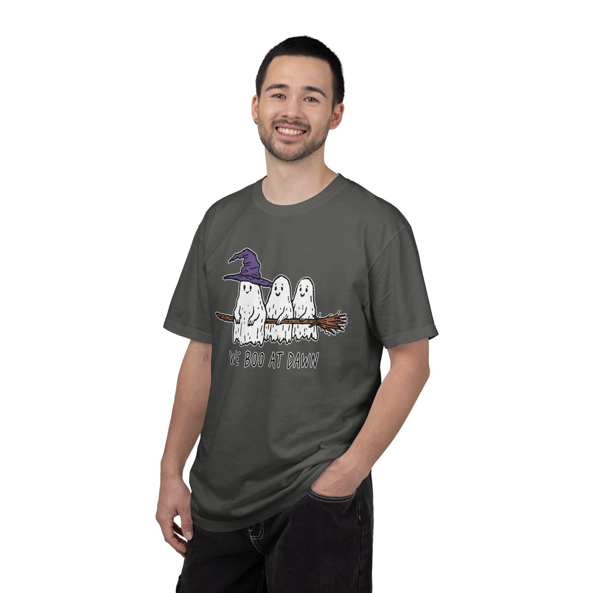 We Boo at Dawn Ghost Shirt, Funny Halloween Witch Broom Graphic Tee, Cute Spooky Season Gift for Friends and Ghost Lovers, October Outfit