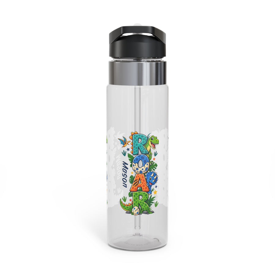 Clear plastic water bottle with a black flip lid and a straw, printed with the word Roar in tall letters built from cartoon dinosaurs, with the name Mason in blue script beside them.