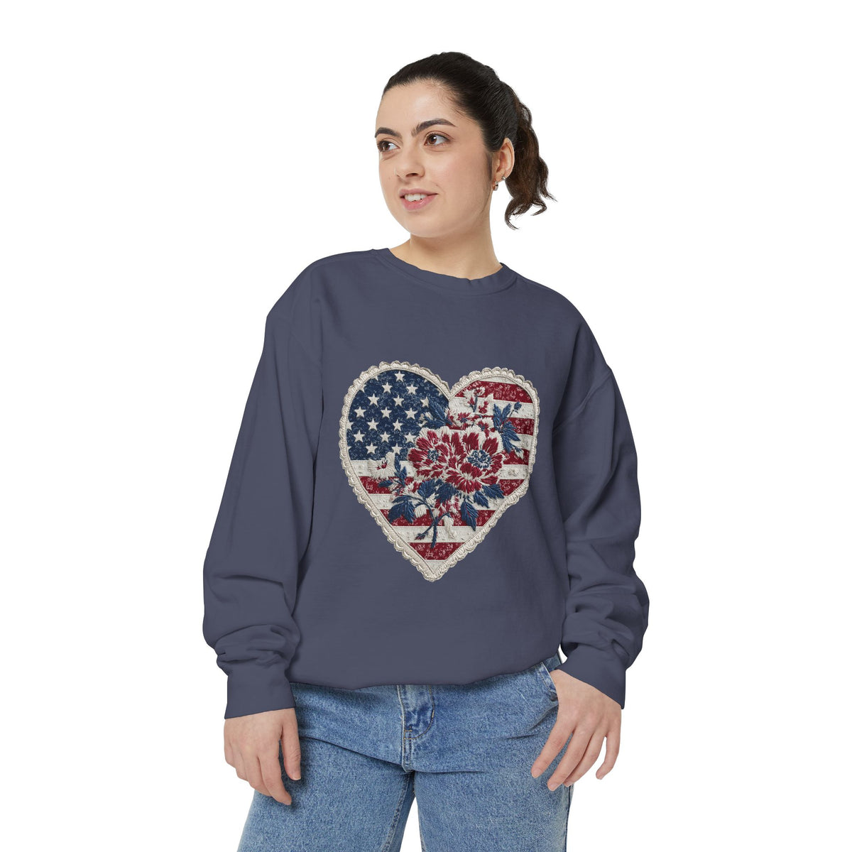 Patriotic Floral Heart Comfort Sweatshirt, American Flag Heart Crewneck, Fourth of July Sweatshirt, USA Gift for Women