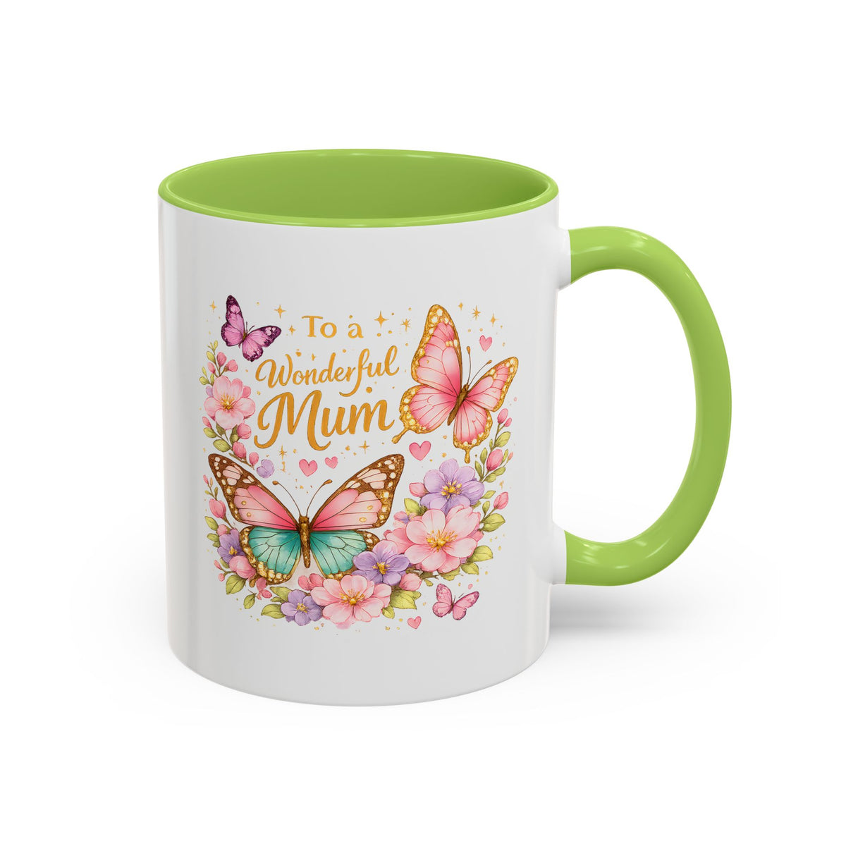 To a Wonderful Mum Coffee Mug, Cute Butterfly Birthday Gift for Mother, Floral Pastel Watercolor Ceramic Tea Cup with Pink Handle, Mum Gift