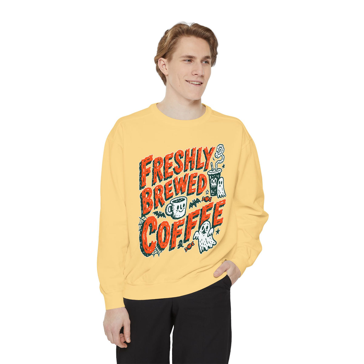 Coffee Lover Halloween Sweatshirt, Freshly Brewed Coffee Ghost Pullover, Cute Spooky Season Gift for Barista and Caffeine Fan, Gift for Her