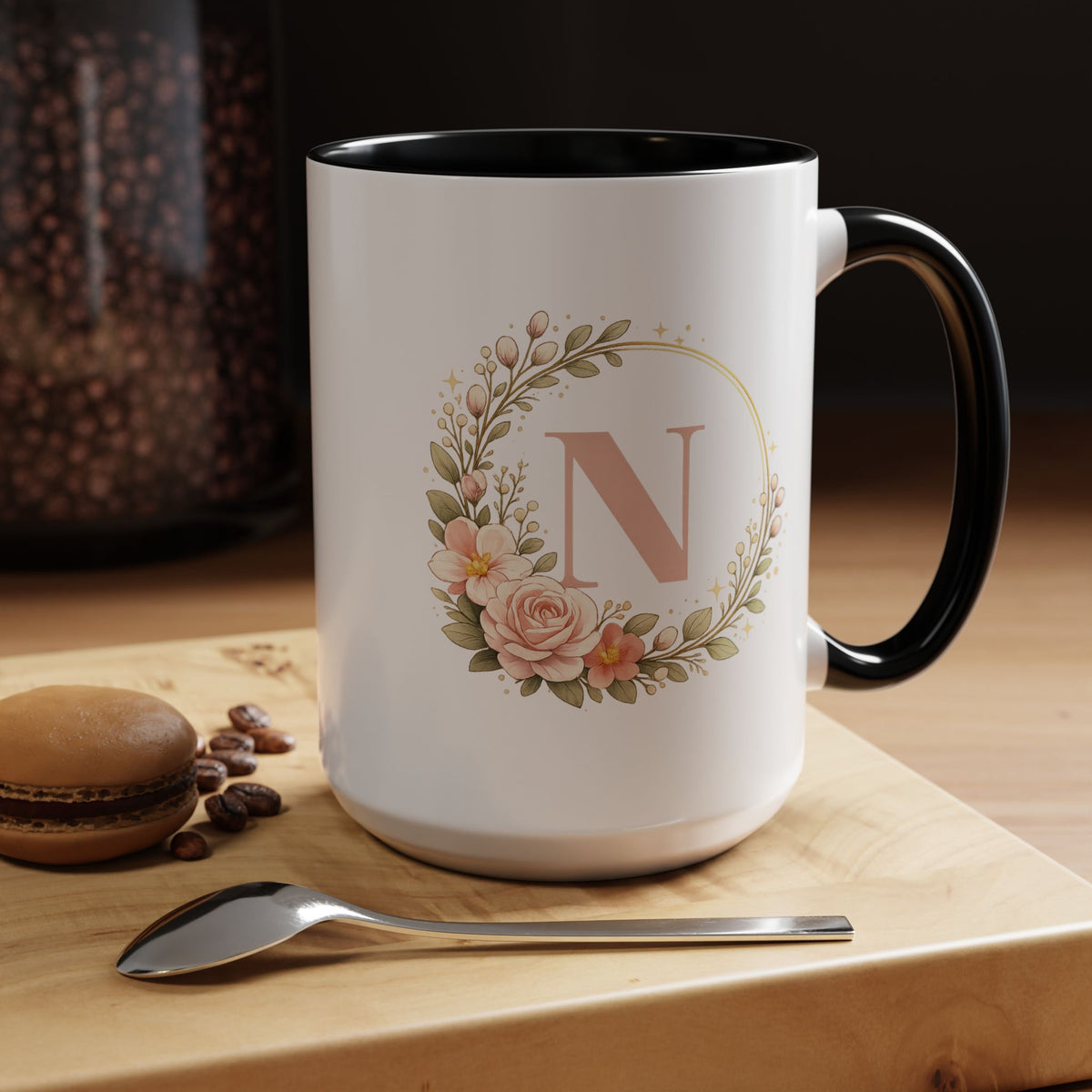 Personalized Floral Monogram Mug, Custom Initial Coffee Mug for Women, Botanical Letter Cup, Bridesmaid Gift, Birthday Gift for Her