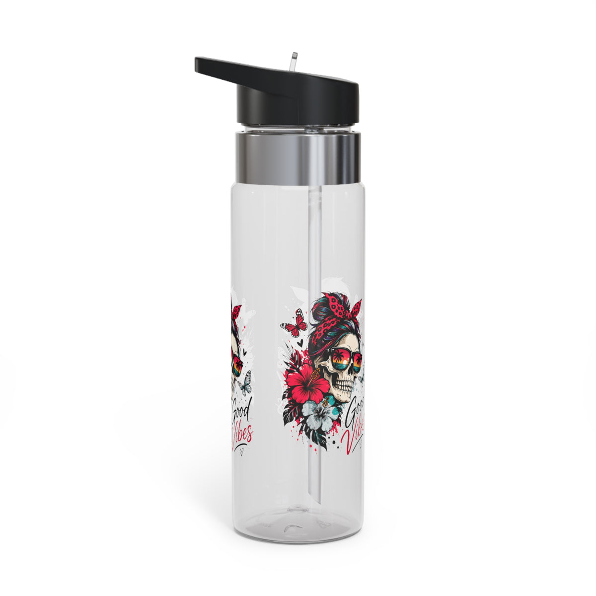 Good Vibes Water Bottle for Women, Tropical Skull Floral Drink Bottle, Retro Beach Lover Gift, Colorful Summer Gift for Her