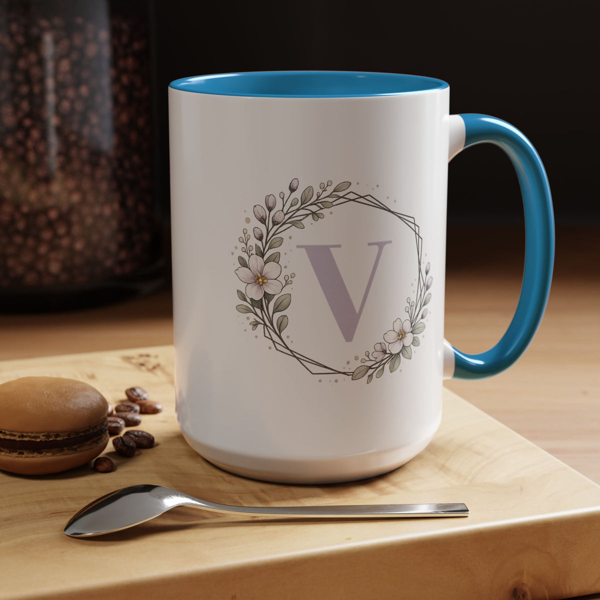 Letter V Monogram Mug, Floral Initial Coffee Mug for Women, Botanical Alphabet Cup, Minimalist Monogram Gift, Personalized Letter Mug