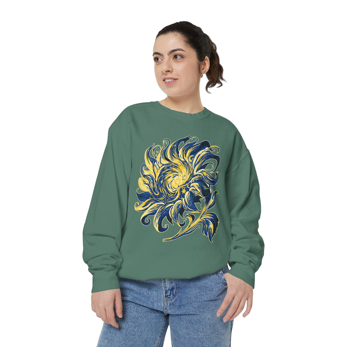 Celestial Sun Graphic Sweatshirt, Blue and Gold Cosmic Pullover, Mystical Night Sky Top, Astrology Gift for Stargazers and Dreamers