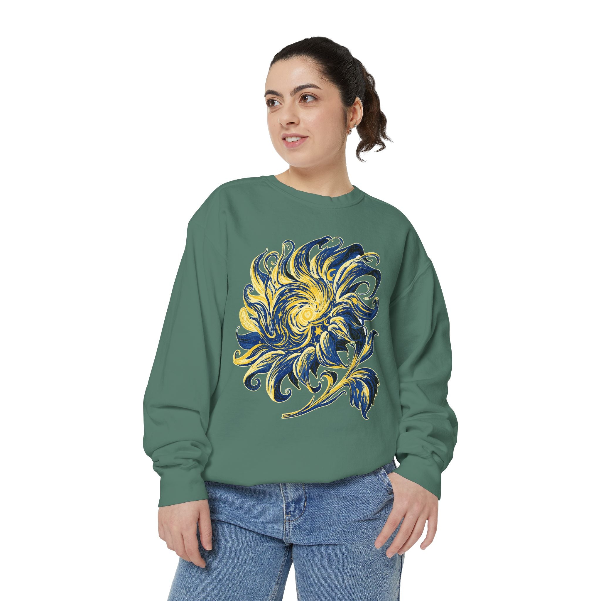 Celestial Sun Graphic Sweatshirt, Blue and Gold Cosmic Pullover, Mystical Night Sky Top, Astrology Gift for Stargazers and Dreamers