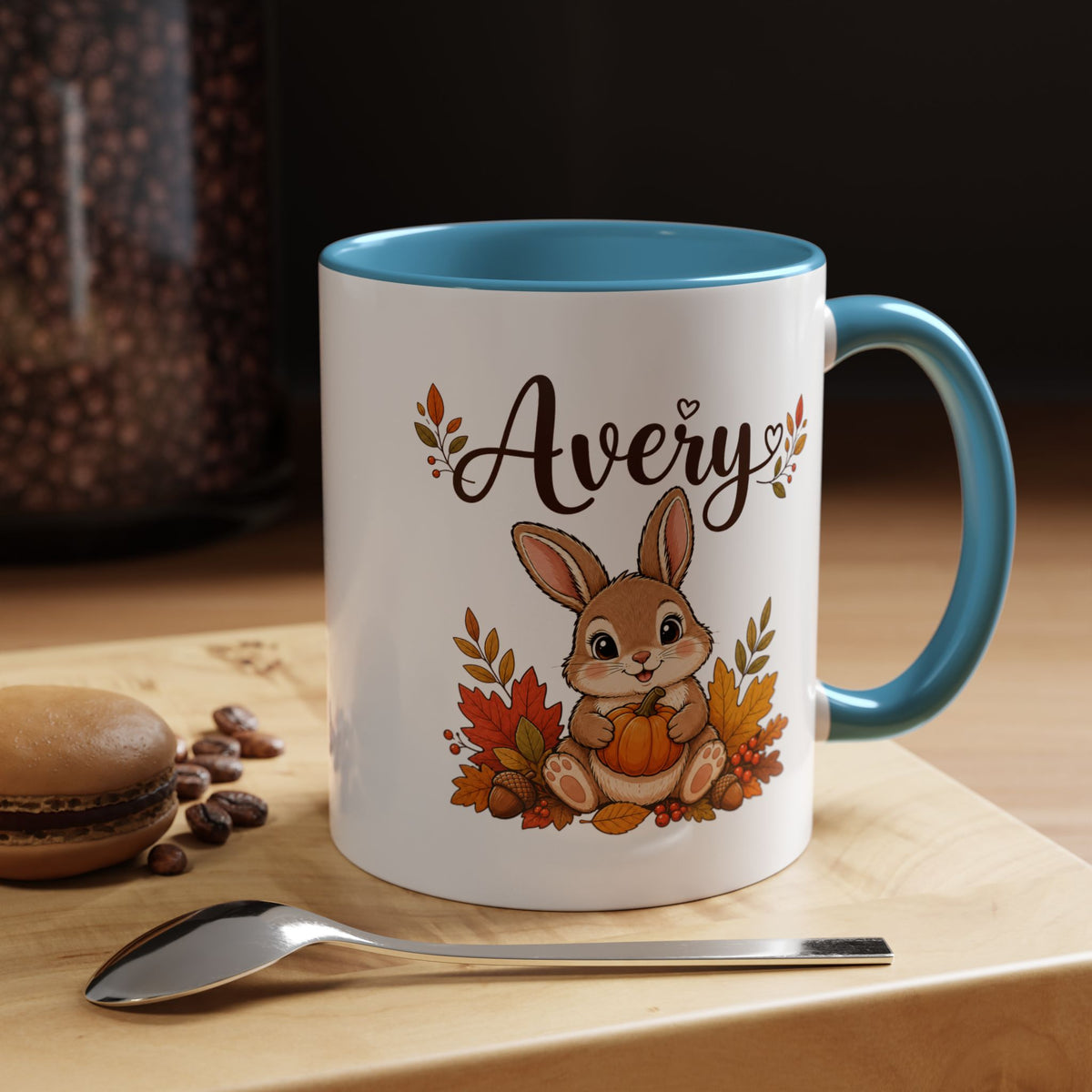 Personalized Bunny Mug with Name, Autumn Rabbit Coffee Cup, Cute Fall Woodland Gift for Daughter, Easter Basket or Birthday Keepsake