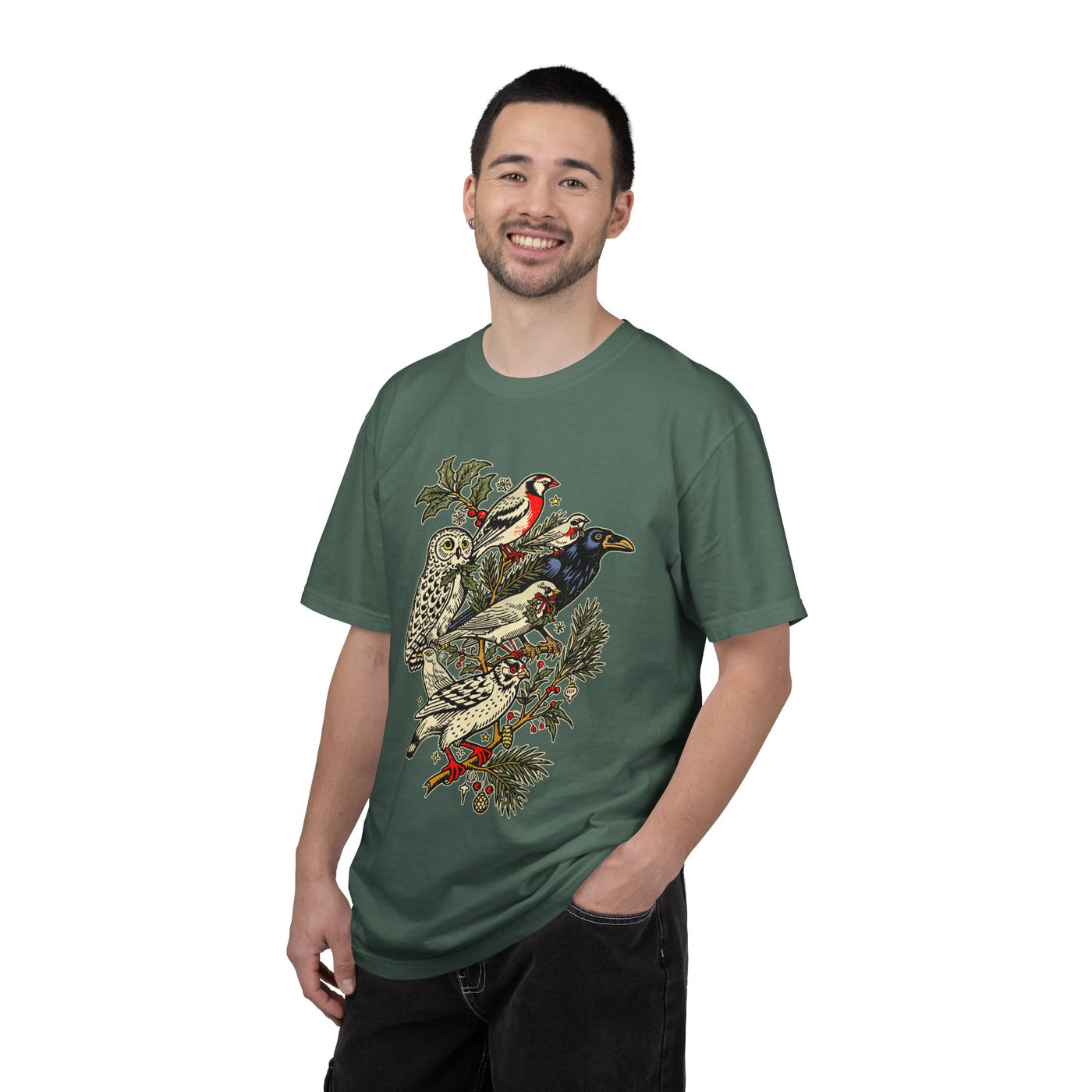 Winter Birds Graphic Shirt, Vintage Woodland T-Shirt for Bird Lovers, Festive Nature Tee, Cozy Christmas Gift for Birdwatchers and Moms