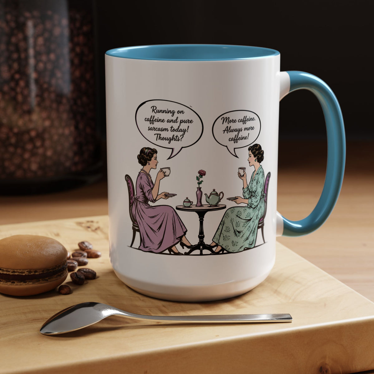 Funny Coffee Lovers Mug, Running on Caffeine and Pure Sarcasm Mug, Vintage Tea Party Coffee Cup, Best Friend Coffee Gift
