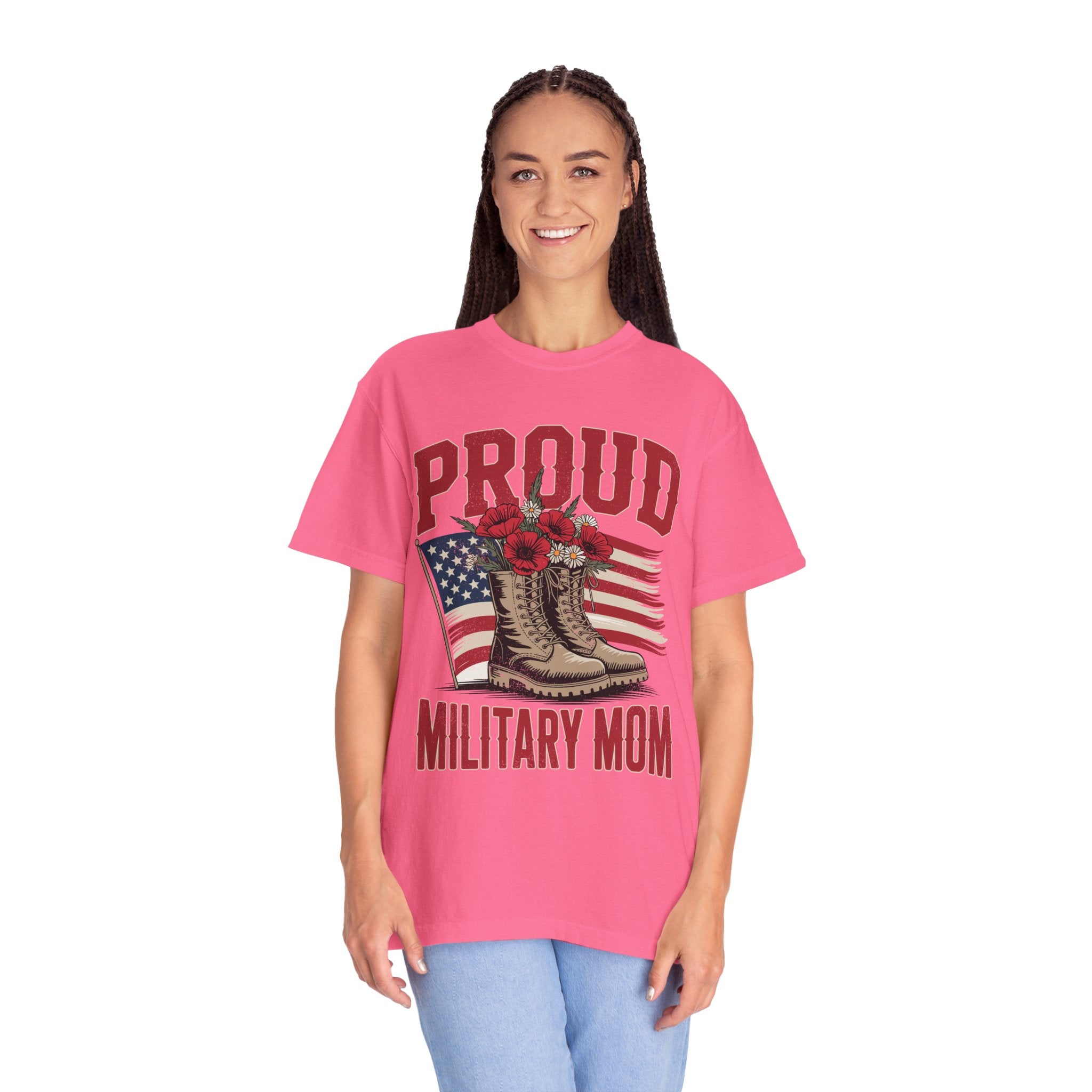 Proud Military Mom Shirt, Patriotic Army Mom T Shirt, Boots and Flowers Graphic Tee, American Flag Family Support Gift