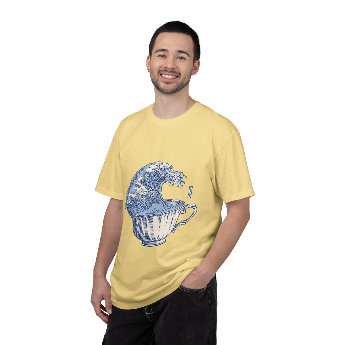 Great Wave Teacup Shirt, Japanese Art Inspired Ocean Graphic, Gift for Tea Lovers and Coastal Art Fans, Casual Cafe Weekend Outfit