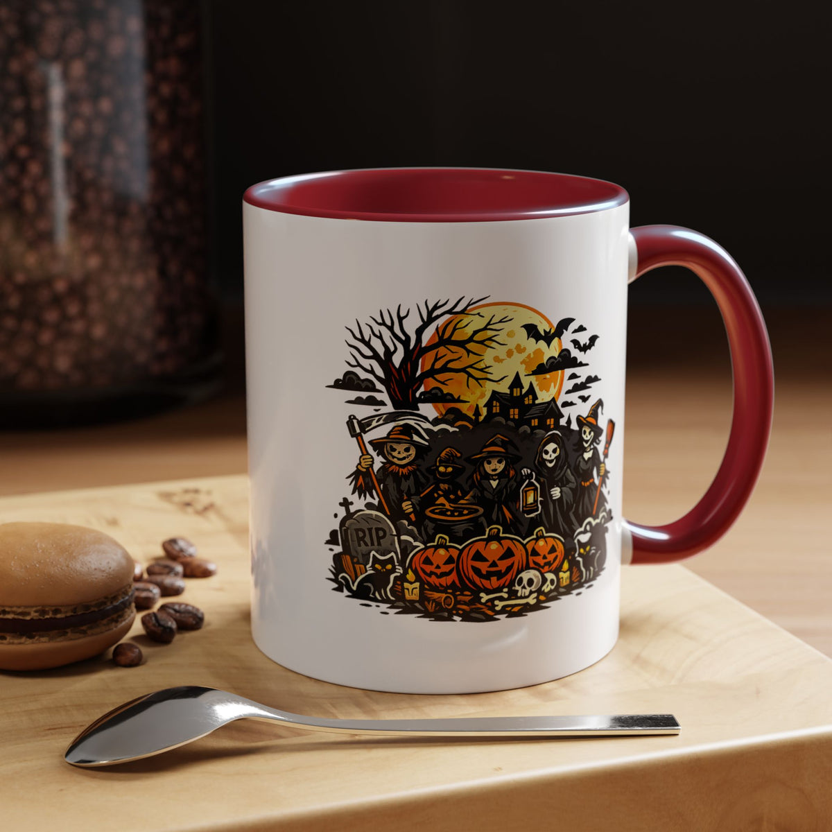 Halloween Witch Coffee Mug, Spooky Reaper and Pumpkin Cup, Gothic Horror Gift for Halloween Lover, Haunted House October Drinkware