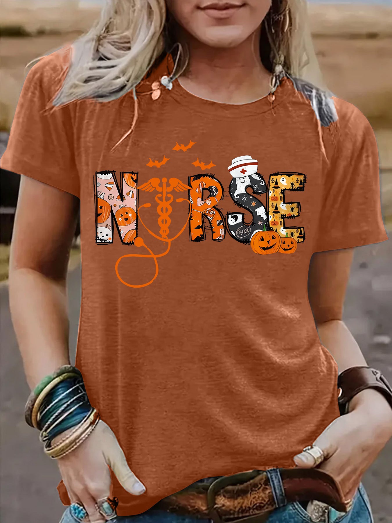Halloween printed short sleeved t-shirt for women