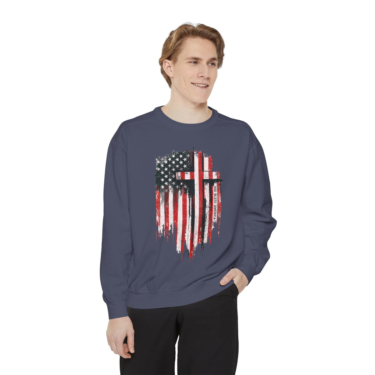 God Bless America Sweatshirt, Distressed American Flag and Cross Graphic, Patriotic Christian Gift for Church Events and Everyday Faith