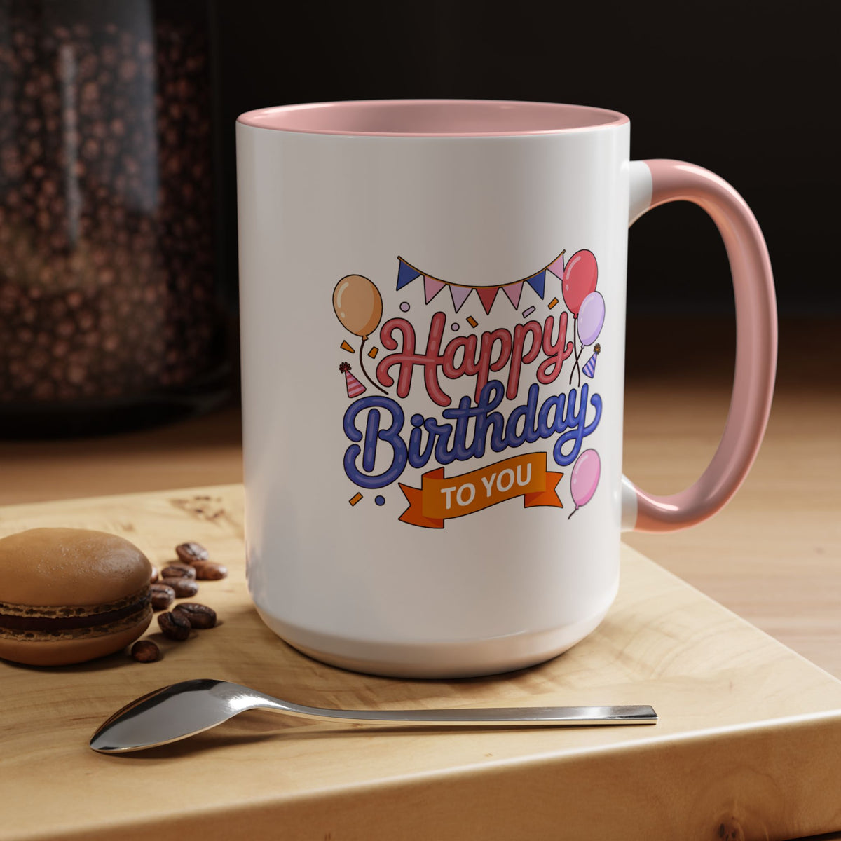Happy Birthday to You Coffee Mug, Pink and Blue Balloons with Party Bunting, Cheerful Gift for a Sister or Best Friend's Daily Coffee Break