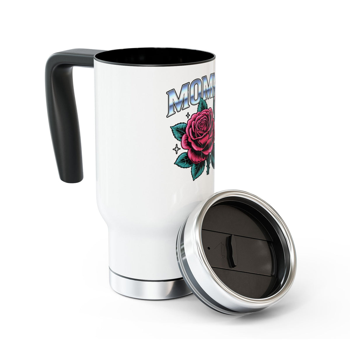 Mommy Rose Travel Mug with Handle, Pink Floral Coffee Cup, Sweet Gift for Mom, Mother's Day, Birthday and Everyday Coffee for Her