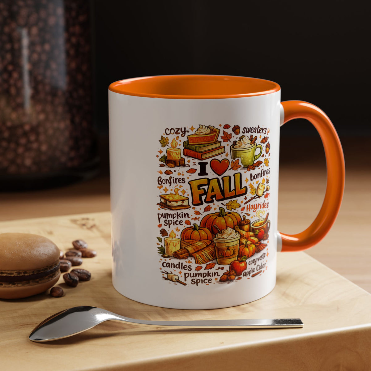I Love Fall Coffee Mug, Cozy Autumn Pumpkin Spice Cup, Gift for Fall Lover, Book Reader, Teacher or Mom, Thanksgiving Kitchen Decor