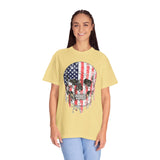 American Flag Skull Shirt, Distressed Patriotic Graphic for Biker Outfits, Fourth of July Style, Birthday Gift for Skull Art Lovers