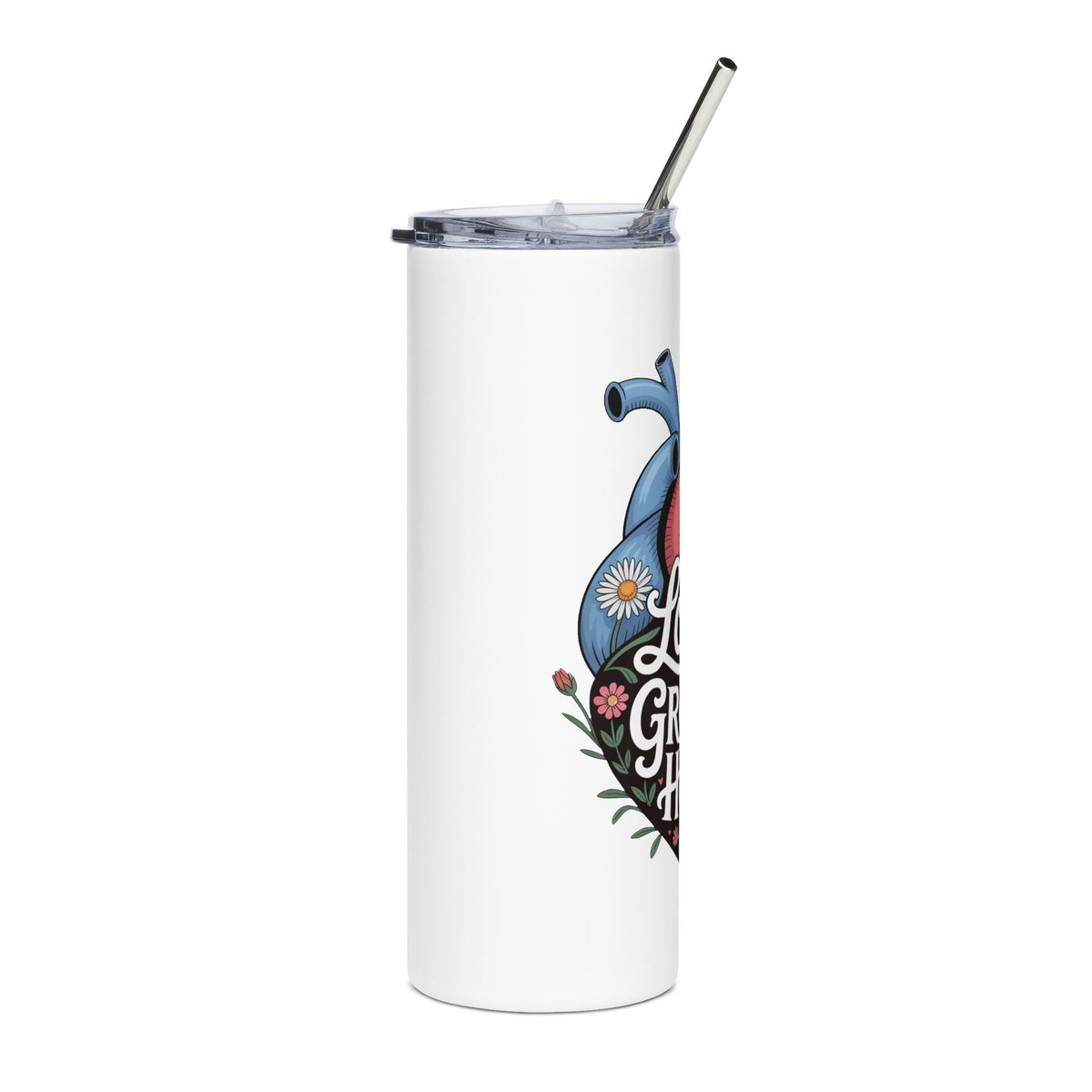 Love Grows Here Skinny Tumbler, Floral Anatomical Heart Cup, Stainless Steel Travel Mug, Encouraging Gift for Her, Mental Health Gift