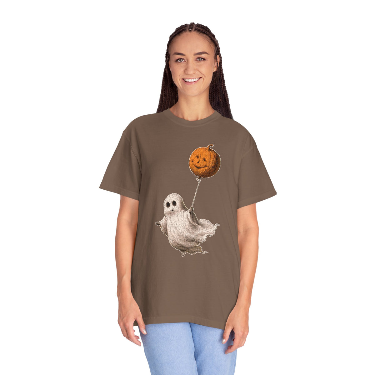 Cute Ghost Halloween Shirt, Pumpkin Balloon Graphic Tee, Vintage Spooky Season Gift for Women, Cozy October Fall Outfit for Ghost Lovers