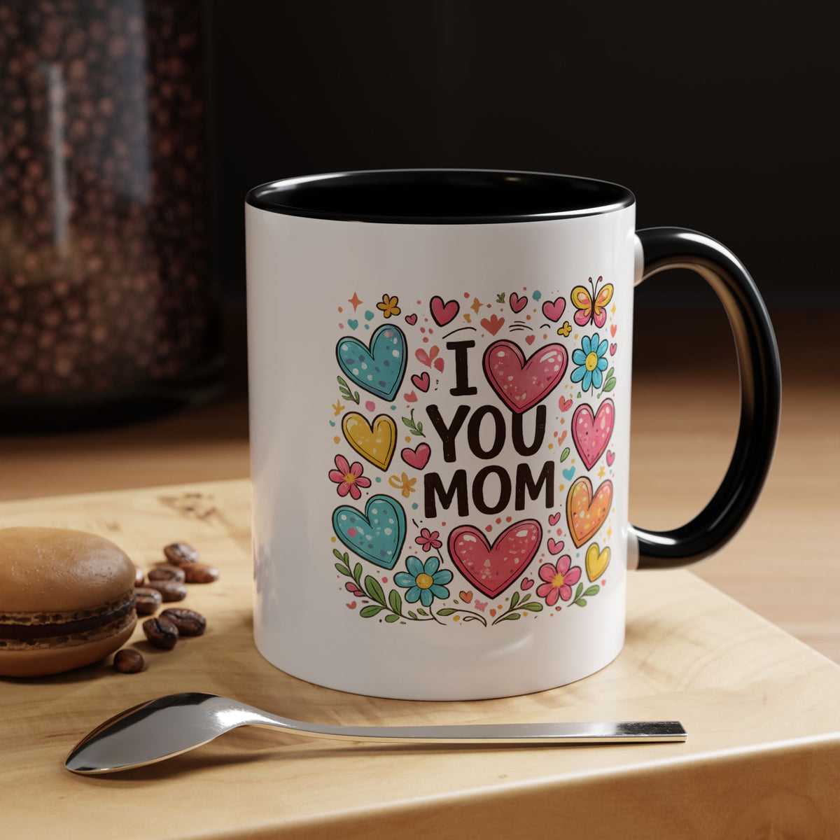 I Love You Mom Coffee Mug, Cute Birthday Gift for Mother, Colorful Hearts and Flowers Ceramic Tea Cup with Blue Handle, Mother's Day Mug