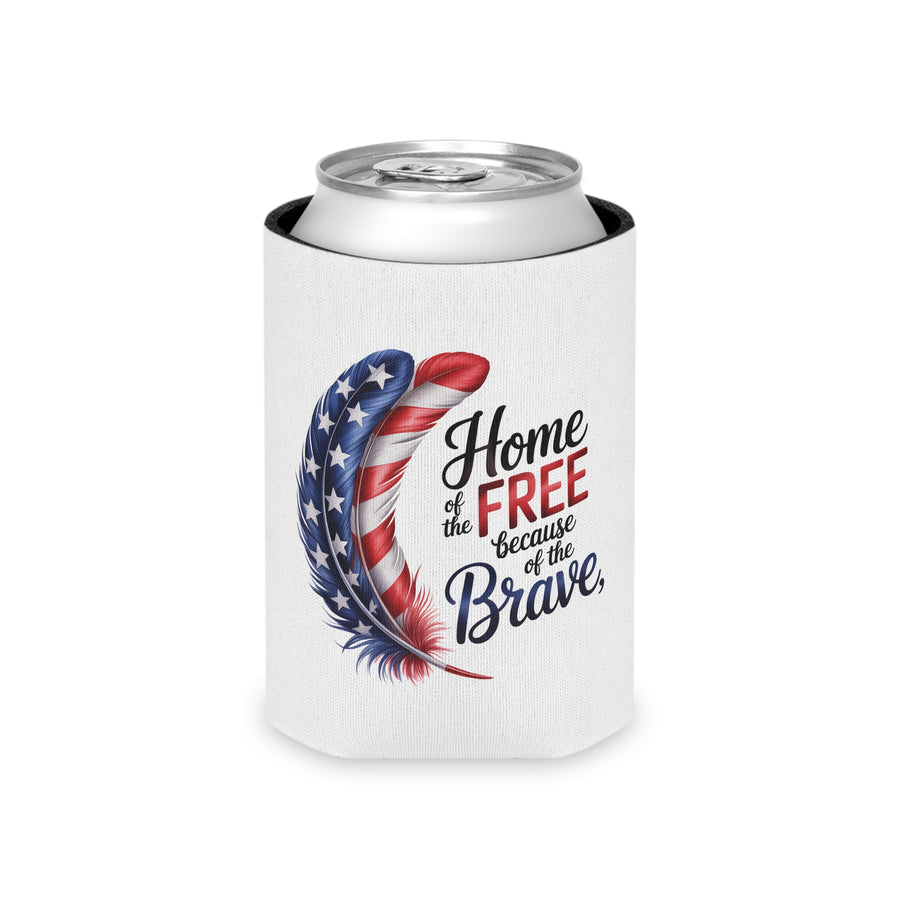 A white can cooler on a drink can, printed with a stars-and-stripes feather beside the words "Home of the FREE because of the Brave."
