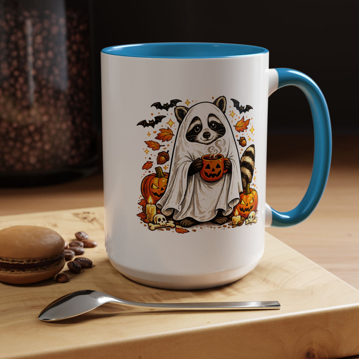 Cute Raccoon Halloween Mug, Ghost Costume Coffee Cup, Spooky Pumpkin Gift for Animal Lover, Fall Birthday or October Office Desk Decor