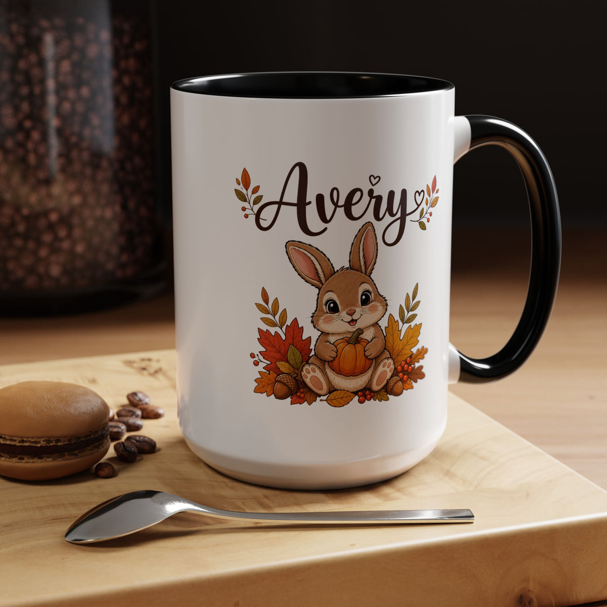 Personalized Bunny Mug with Name, Autumn Rabbit Coffee Cup, Cute Fall Woodland Gift for Daughter, Easter Basket or Birthday Keepsake