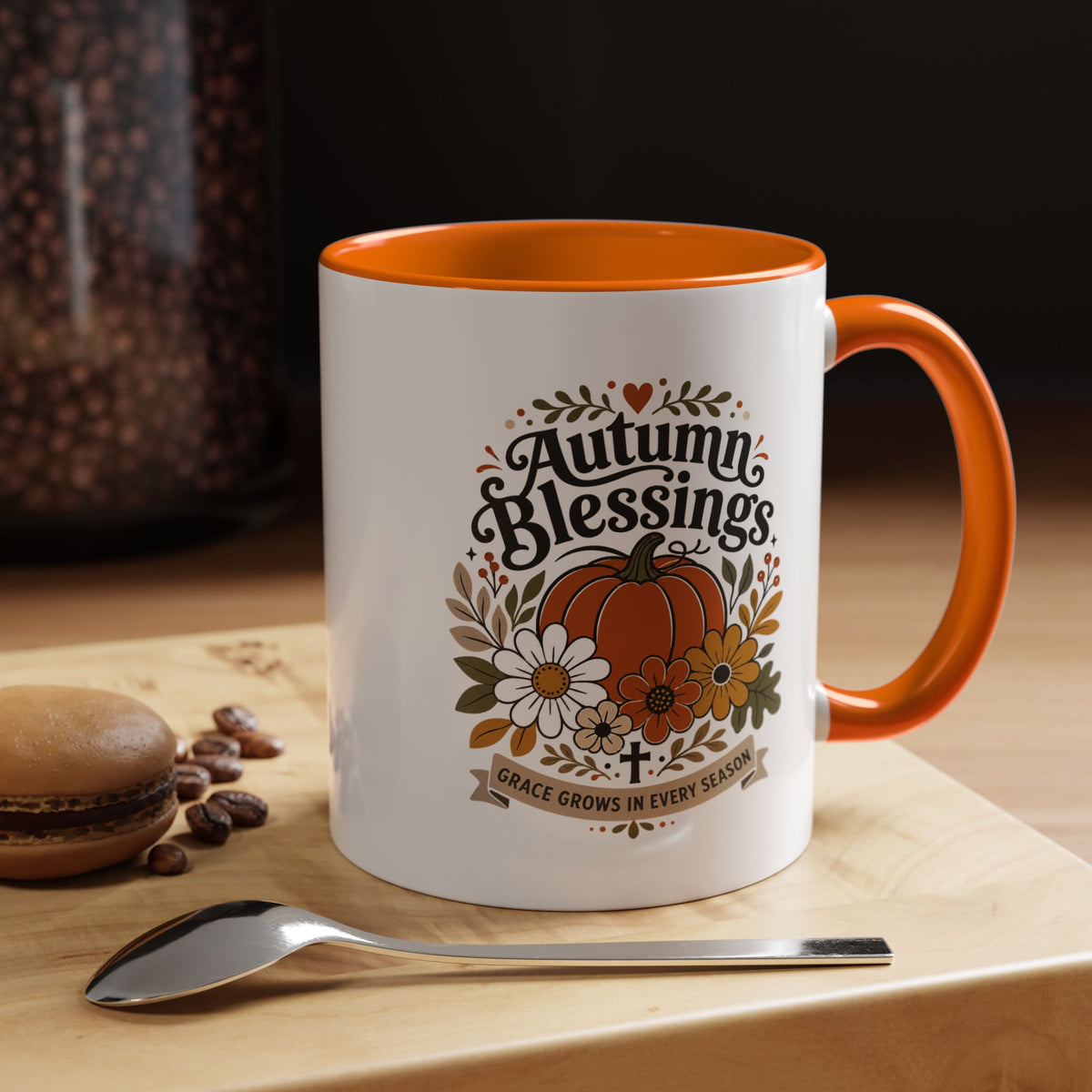 Autumn Blessings Christian Mug, Grace Grows in Every Season Coffee Cup, Faith Based Fall Gift, Floral Pumpkin Thanksgiving Decor