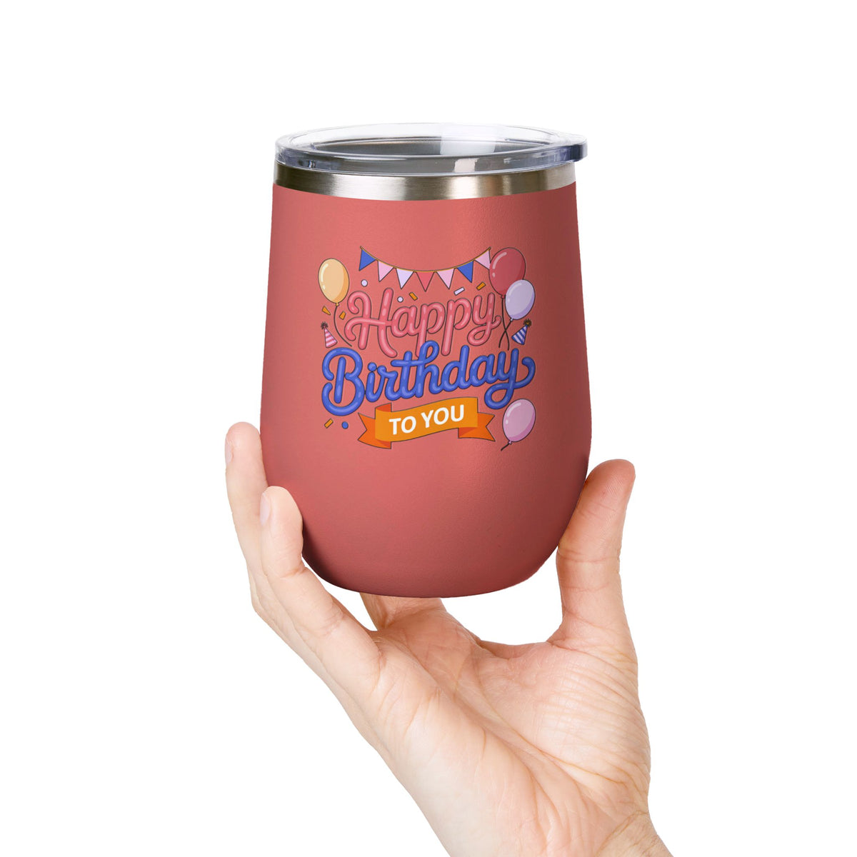 Happy Birthday to You Wine Tumbler, Pink and Blue Balloons with Party Bunting, Colorful Drinkware Gift for a Sister or Best Friend's Party