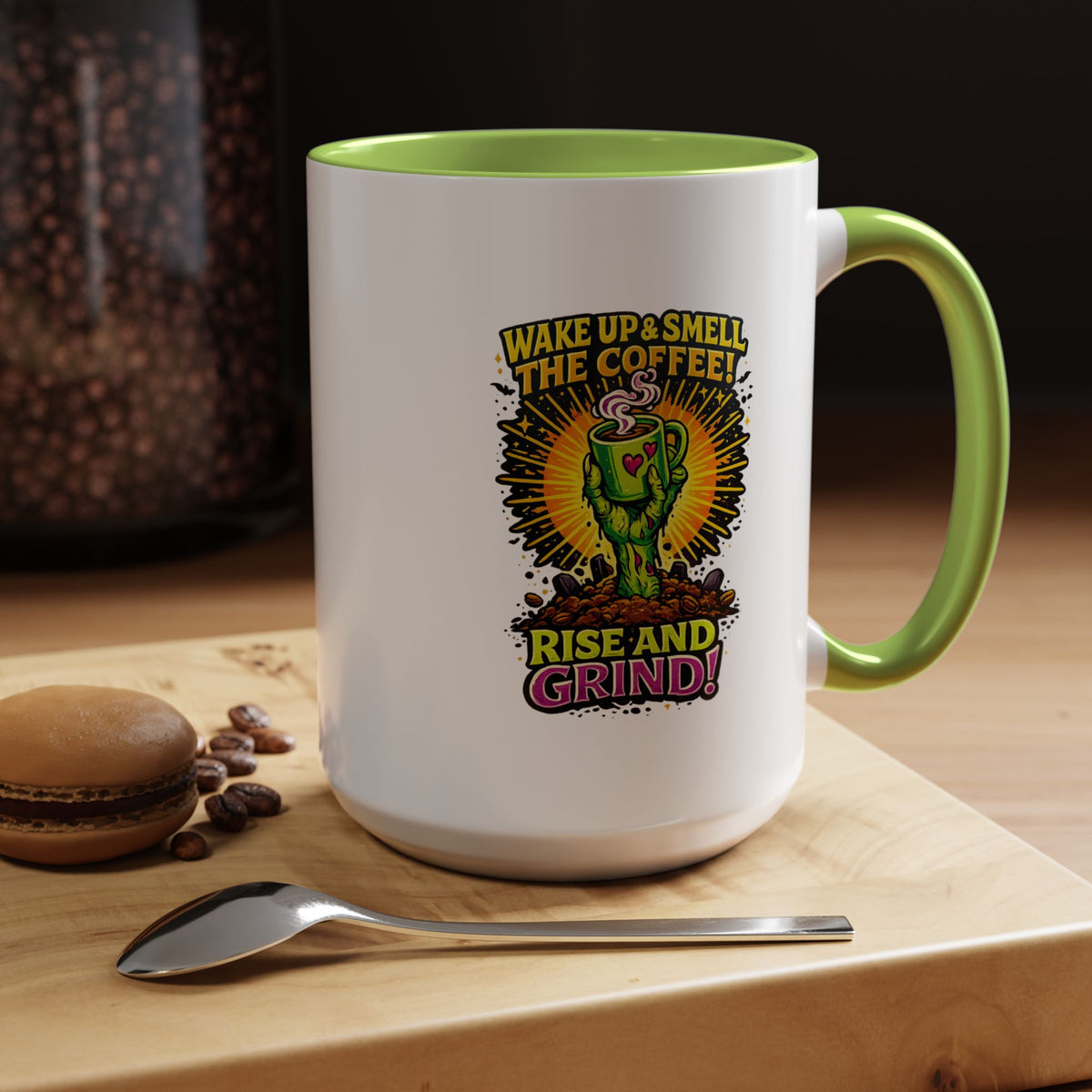 Zombie Coffee Mug, Wake Up and Smell the Coffee Black Accent Cup, Unique Funny Rise and Grind Gift for Horror Fan, Barista or Coworker