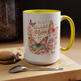 To a Wonderful Mum Coffee Mug, Cute Butterfly Birthday Gift for Mother, Floral Pastel Watercolor Ceramic Tea Cup with Pink Handle, Mum Gift