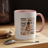 Glow Up Affirmations Coffee Mug, Girl Boss Self Care Gift for Her, Cute Messy Bun Aesthetic Motivational Ceramic Tea Cup with Pink Handle