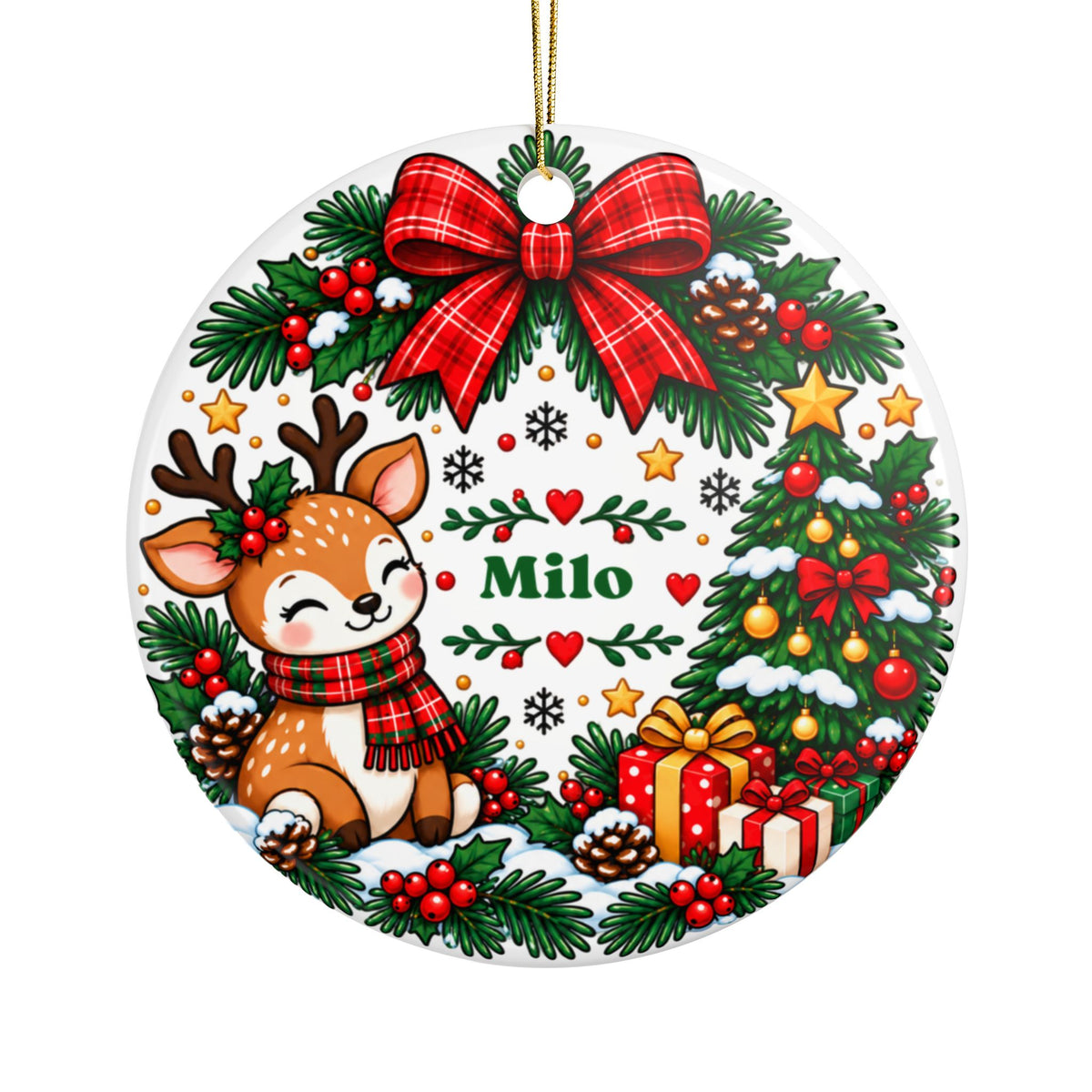 Personalized Deer Christmas Ornament, Custom Child Name in Evergreen Wreath with Red Plaid Bow, Woodland Holiday Keepsake Gift for Kids