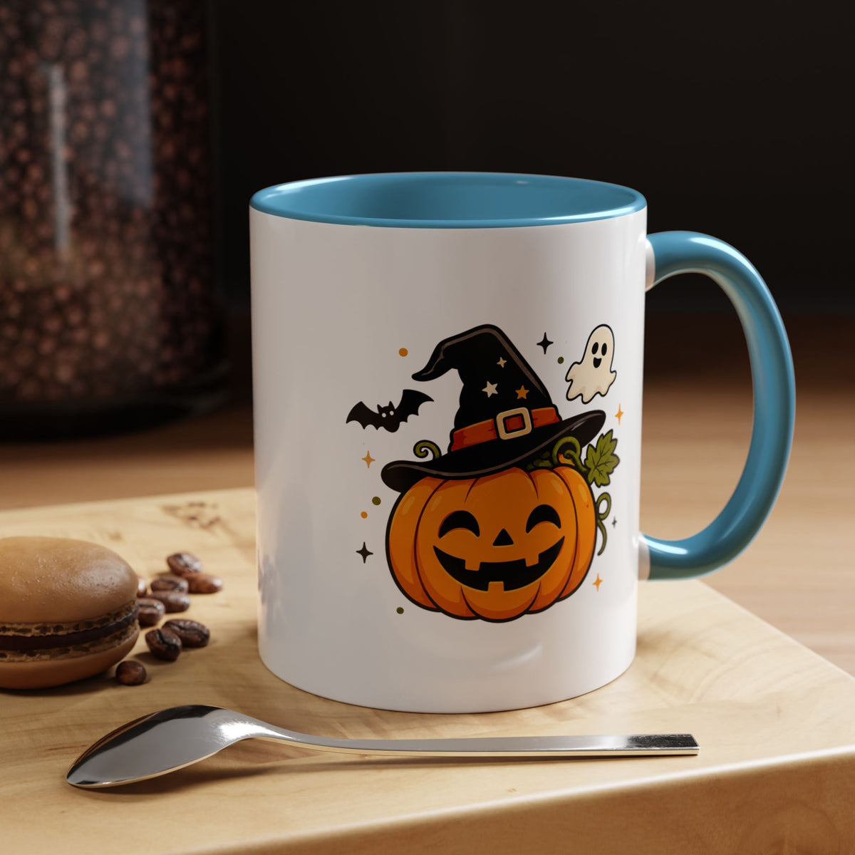 Cute Pumpkin Halloween Mug, Smiling Jack O Lantern Black Accent Coffee Cup, Cute Friendly Ghost Gift for Kids, Teachers or Fall Lovers