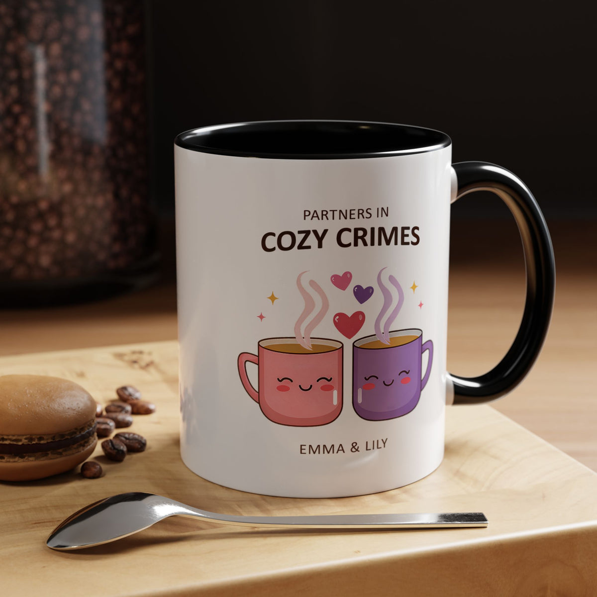 Partners in Cozy Crimes Mug, Personalized Best Friend Coffee Mug, Custom Name Friendship Gift for Women