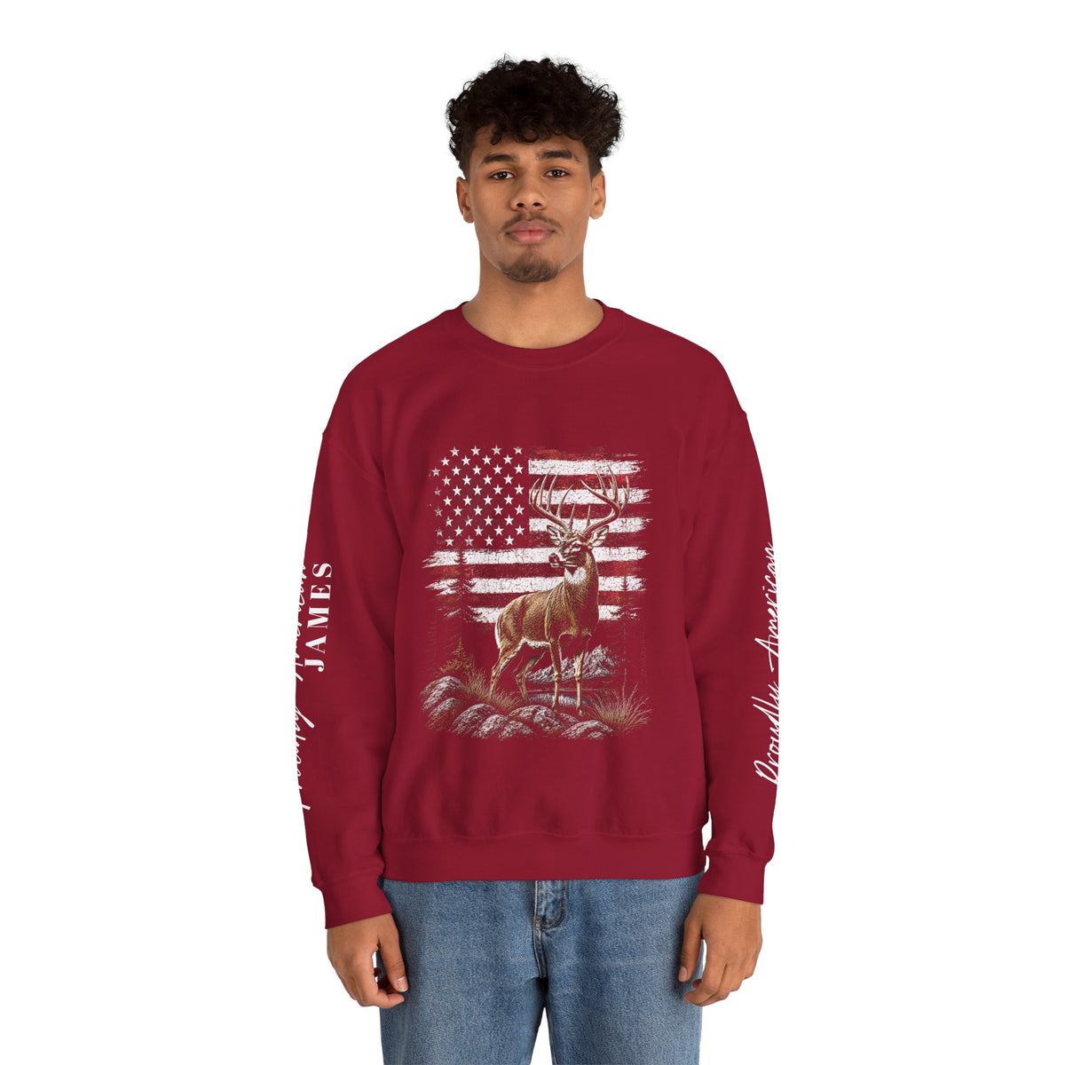 Personalized Hunting Sweatshirt, Custom Deer American Flag Pullover, Patriotic Outdoorsman Crewneck, Hunter Gift, Personalized Family Shirt