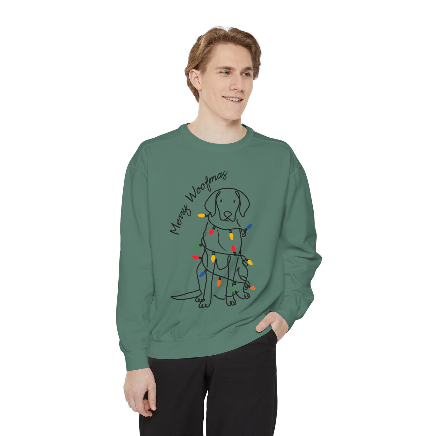 Merry Woofmas Dog Sweatshirt, Funny Christmas Puppy Crewneck, Holiday Lights Pet Lover Pullover, Cute Christmas Gift for Dog Mom or Dog Dad