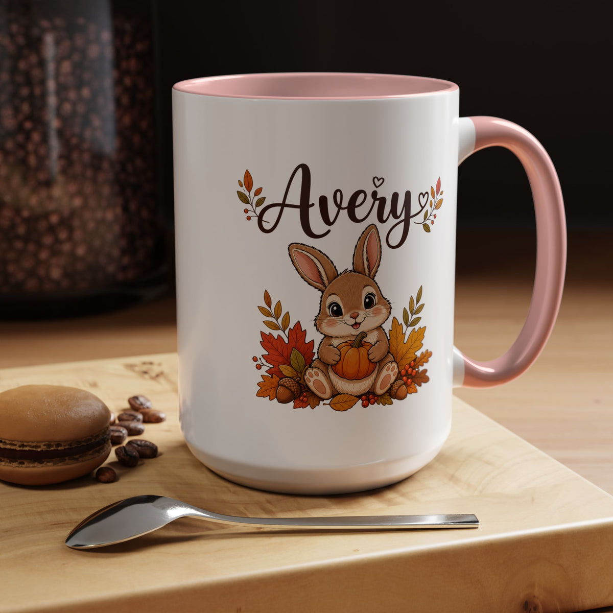 Personalized Bunny Mug with Name, Autumn Rabbit Coffee Cup, Cute Fall Woodland Gift for Daughter, Easter Basket or Birthday Keepsake