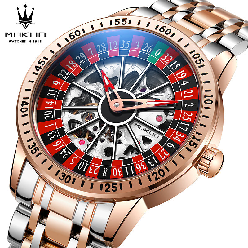 Two-tone rose gold and silver automatic watch with a roulette wheel style skeleton dial