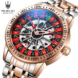 Two-tone rose gold and silver automatic watch with a roulette wheel style skeleton dial