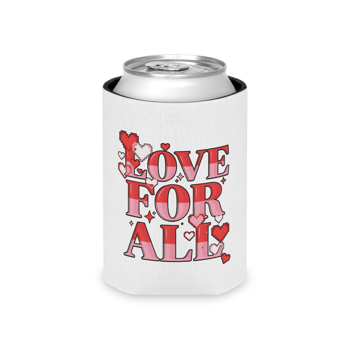 Love for All Can Cooler, Retro Pixel Heart Drink Sleeve, LGBTQ Pride Gift, Cute Summer Party Favor, Inclusive Gift for Friends