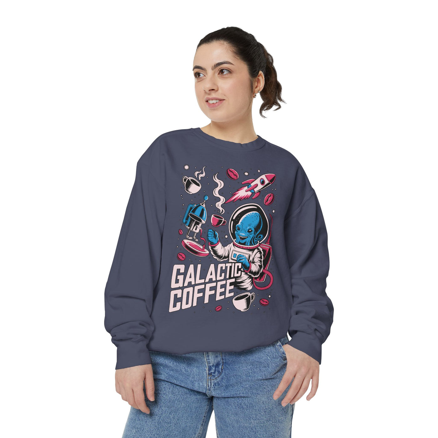 Galactic Coffee Comfort Colors Sweatshirt, Funny Alien Coffee Lover Shirt, Space Nerd Sweatshirt, Sci Fi Gift for Coffee Fans