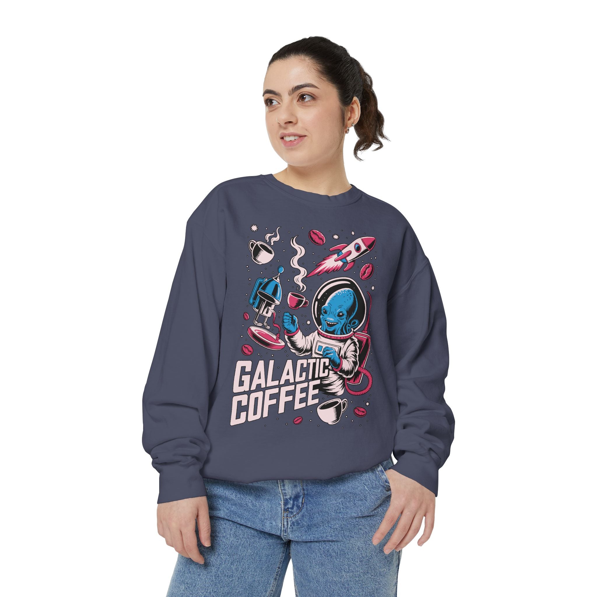 Galactic Coffee Comfort Colors Sweatshirt, Funny Alien Coffee Lover Shirt, Space Nerd Sweatshirt, Sci Fi Gift for Coffee Fans