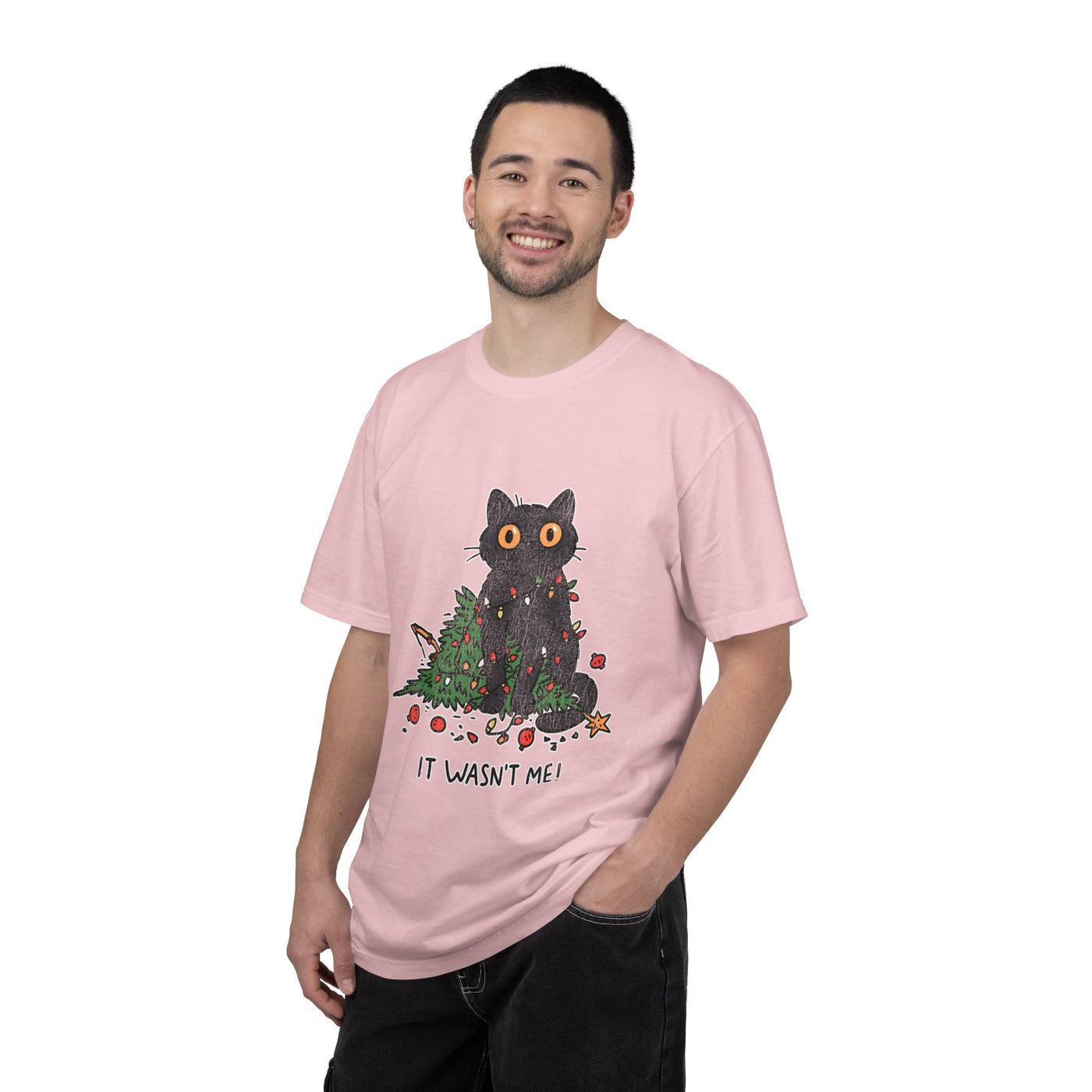 It Wasn't Me Black Cat Christmas Shirt, Funny Holiday T-Shirt, Mischievous Kitty Lights Tee, Gift for Cat Mom, Cat Dad, Christmas Party Top