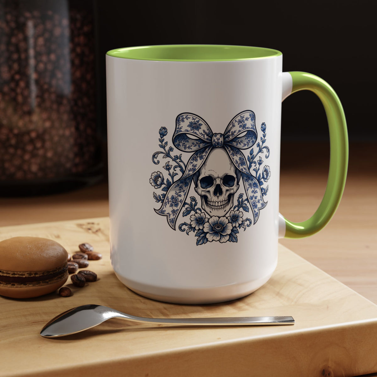 Blue Floral Skull Mug, Gothic Coquette Bow Coffee Cup, Alternative Halloween Gift for Her, Dark Academia Kitchen Decor, Spooky Present