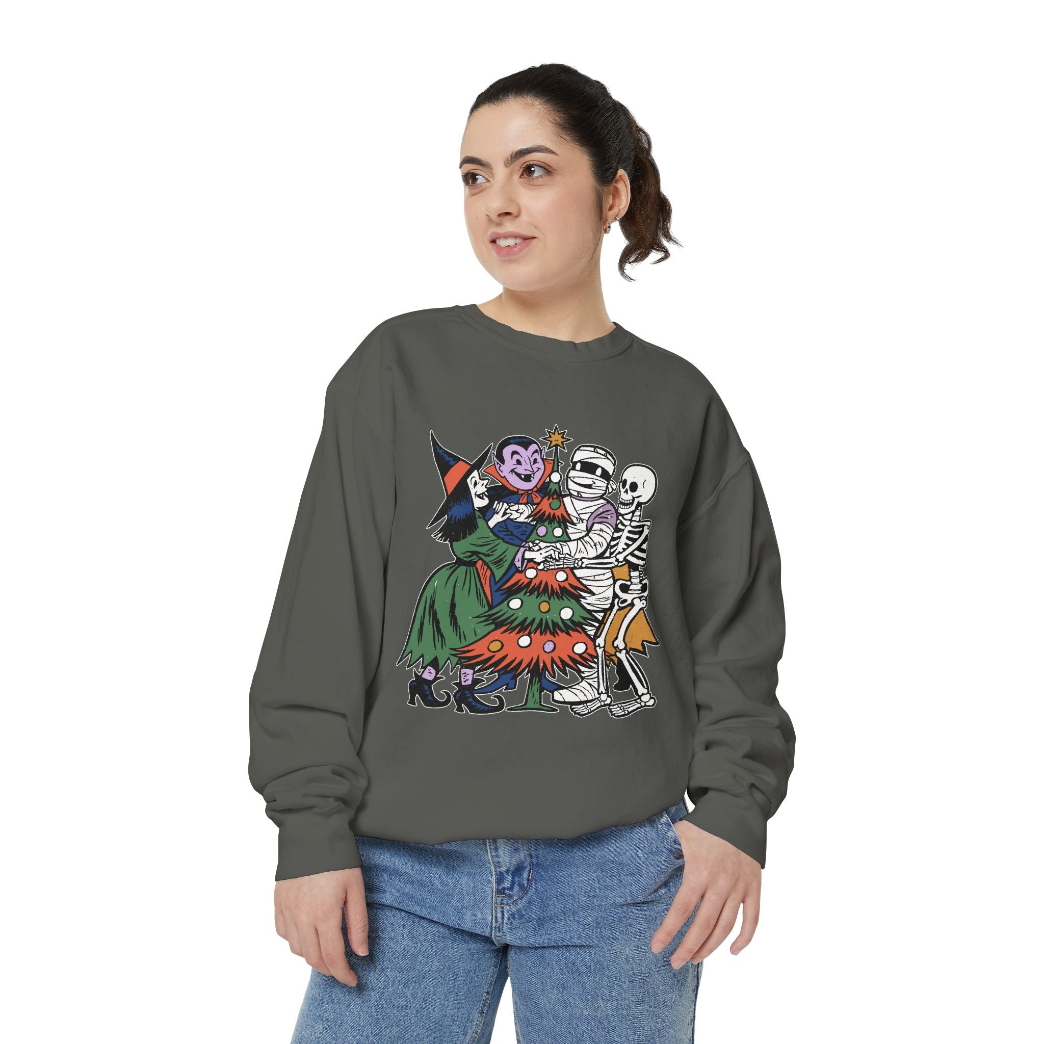 Spooky Christmas Sweatshirt, Halloween Holiday Mashup Crewneck, Witch Vampire Mummy Skeleton Pullover, Gothic Xmas Gift for Horror Fan