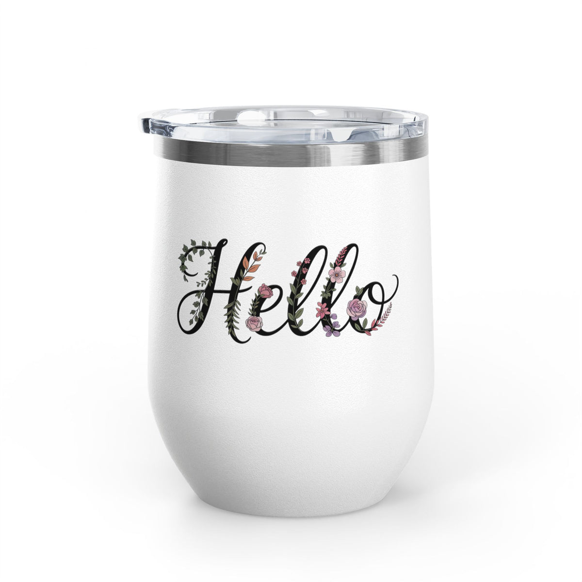 Floral Hello Wine Tumbler, Botanical Drinkware for Women, Spring Coffee Cup, Floral Gift for Her, Cute Everyday Wine Glass