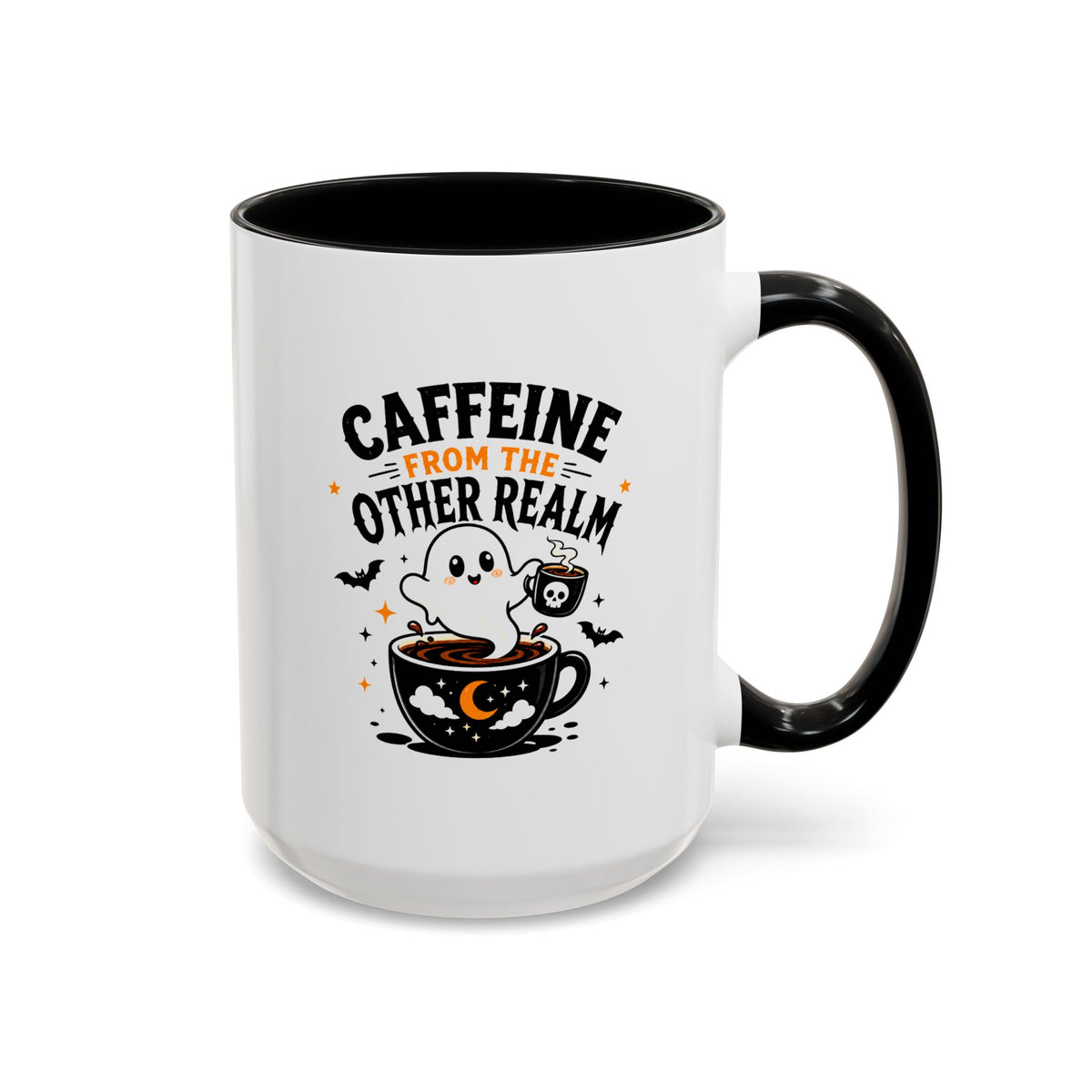 Halloween Ghost Coffee Mug, Caffeine From the Other Realm Black Accent Cup, Funny Spooky Gift for Coffee Lover, Barista or Coworker