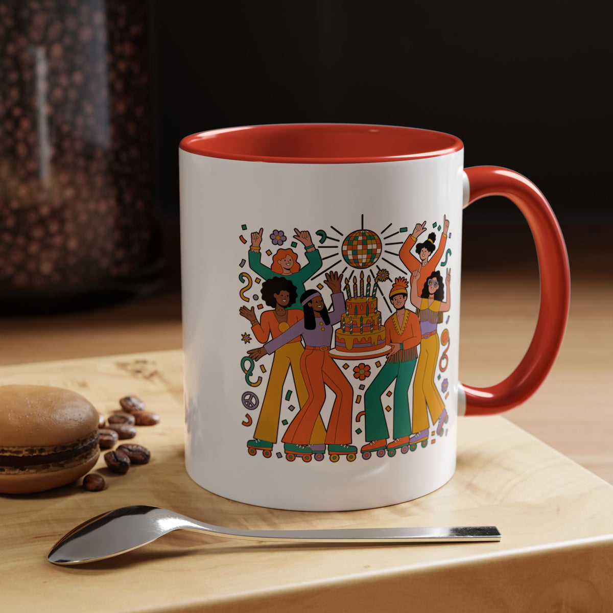 Retro Disco Birthday Coffee Mug, 70s Roller Skating Party Design, Groovy Gift for a Skater Friend Who Loves Colorful Nostalgic Drinkware